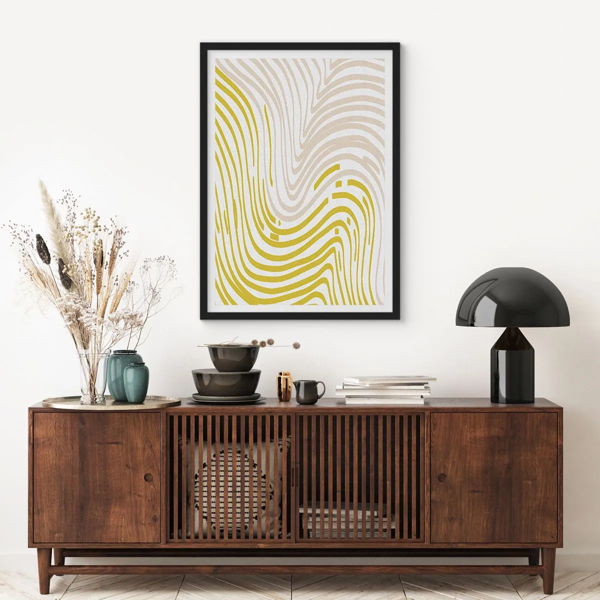 Poszter fehér keretben - Bézs és sárga árnyalatú hullámos vonalak absztrakt kompozíciója. - 50x70cm - Kompozíció szelíd kanyarral - Modern fali dekoráció nappalihoz és hálószobához ARTTOR