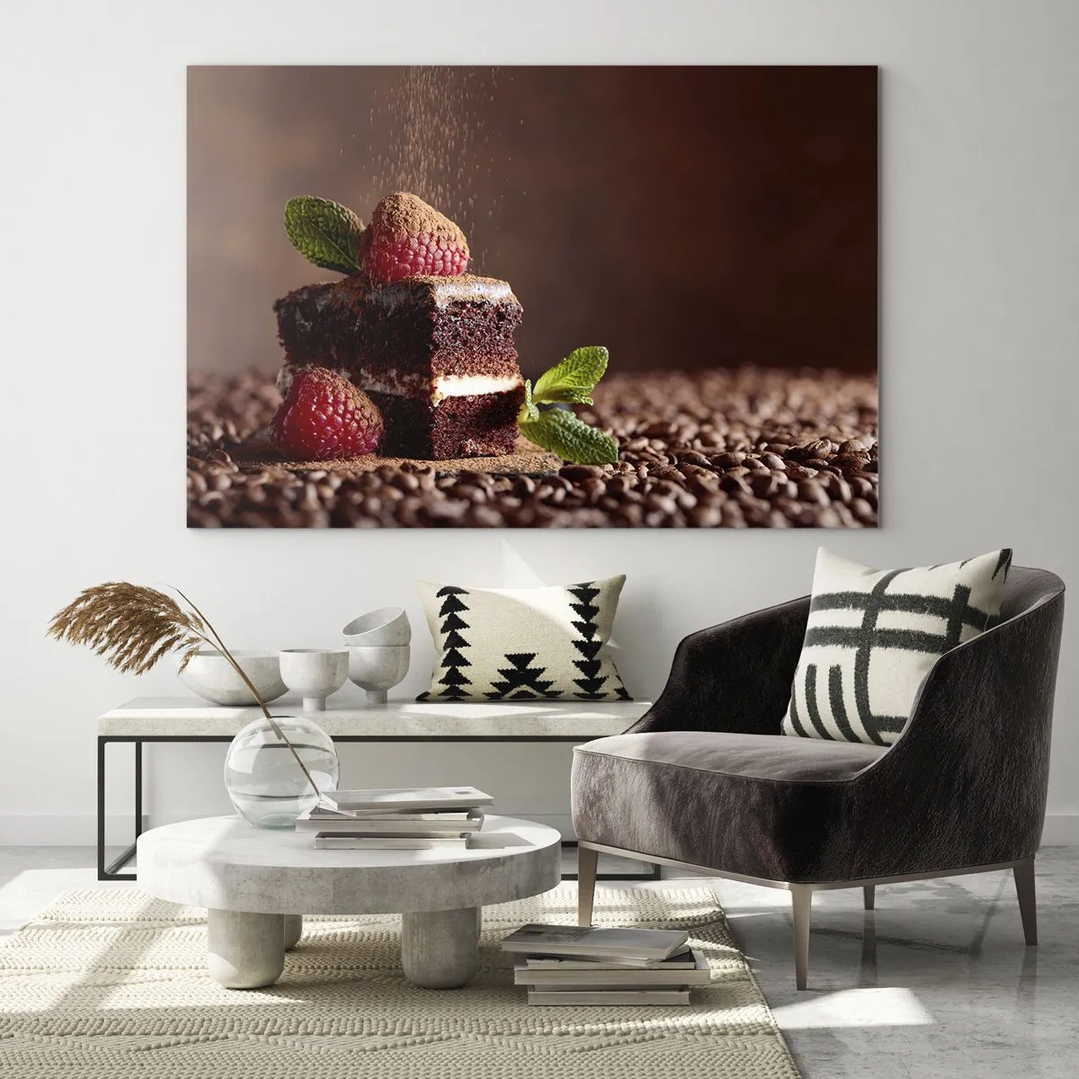 Üveg kép - Csokoládé desszert málnával és mentalevéllel - 70x50cm - Az élet édes - Modern fali dekoráció nappalihoz és hálószobához ARTTOR