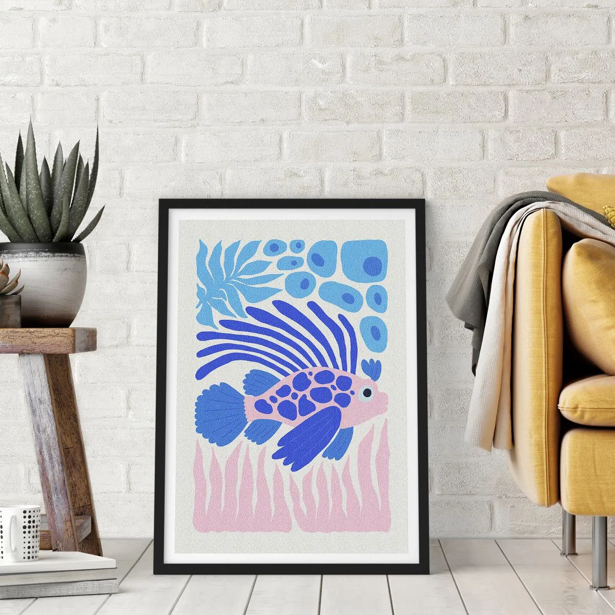 Poszter fehér keretben - Stilizált egzotikus halak víz alatti környezetben - 50x70cm - Elemében - Modern fali dekoráció nappalihoz és hálószobához ARTTOR