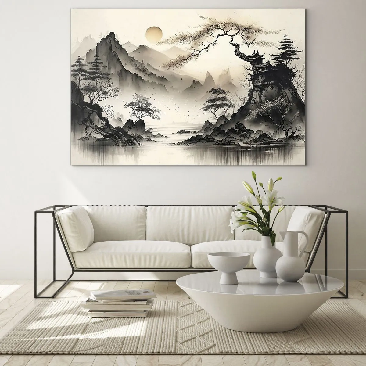 Üveg kép - Keleti hegyi táj pagodával és fákkal - 70x50cm - A Kelet egyedülálló varázsa - Modern fali dekoráció nappalihoz és hálószobához ARTTOR