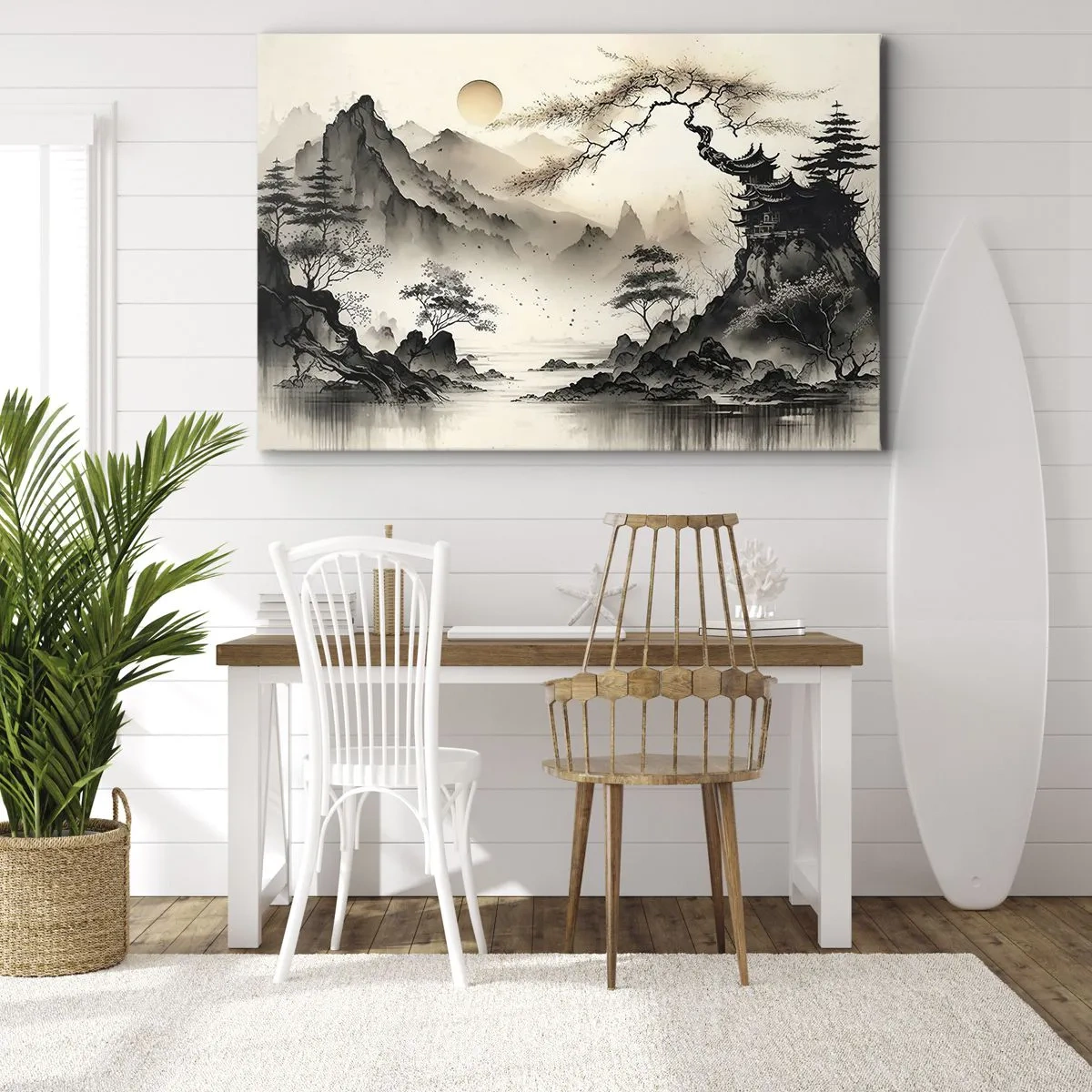 Vászonkép - Egy keleti táj hegyekkel és egy finom árnyalatú pagodával. - 70x50cm - A Kelet egyedülálló varázsa - Modern fali dekoráció nappalihoz és hálószobához ARTTOR