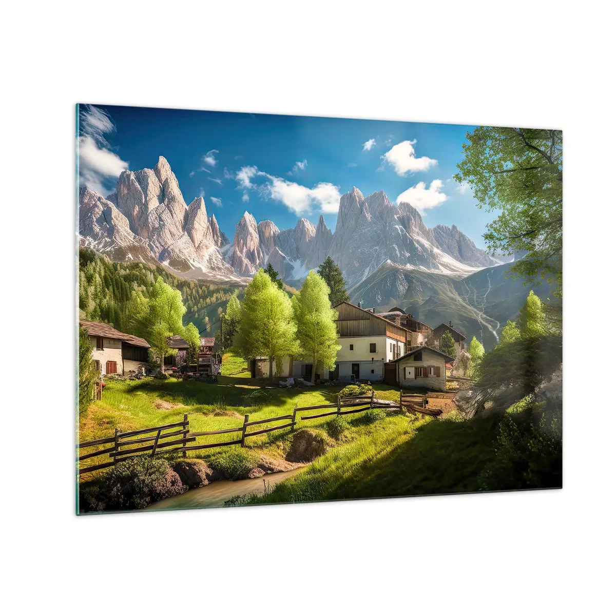Üveg kép - Vidéki fejlesztés zöldövezetben az alpesi csúcsok lábánál - 70x50cm - Alpesi idill - Modern fali dekoráció nappalihoz és hálószobához ARTTOR