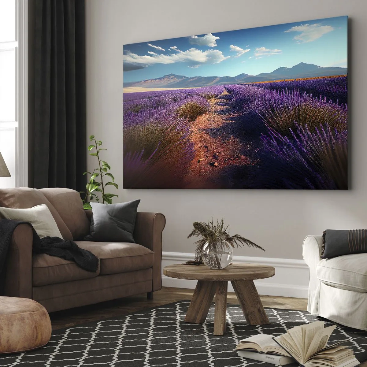 Vászonkép - Levendulaföld, kilátással a hegyekre és a kék égre - 70x50cm - Illatos mezők - Modern fali dekoráció nappalihoz és hálószobához ARTTOR