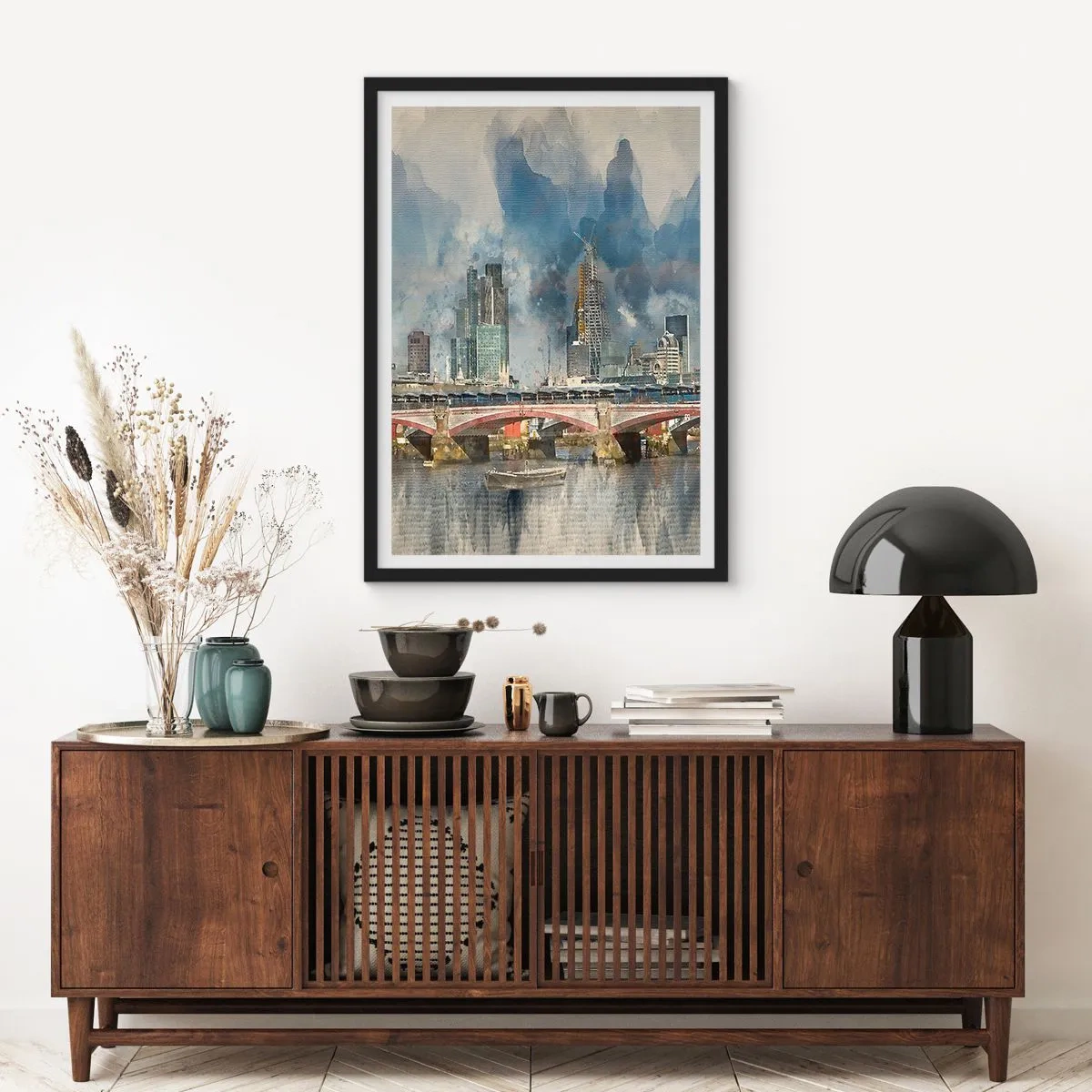 Poszter fehér keretben - Városi tájkép egy híddal és felhőkarcolókkal a háttérben - 50x70cm - London teljes pompájában - Modern fali dekoráció nappalihoz és hálószobához ARTTOR