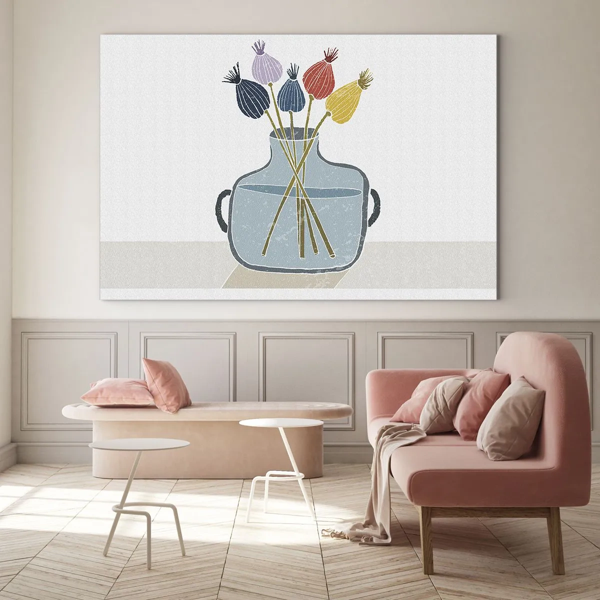 Üveg kép - Dekoratív mákfejek grafikus stílusú kancsóban - 70x50cm - Mint egy mákszem - Modern fali dekoráció nappalihoz és hálószobához ARTTOR