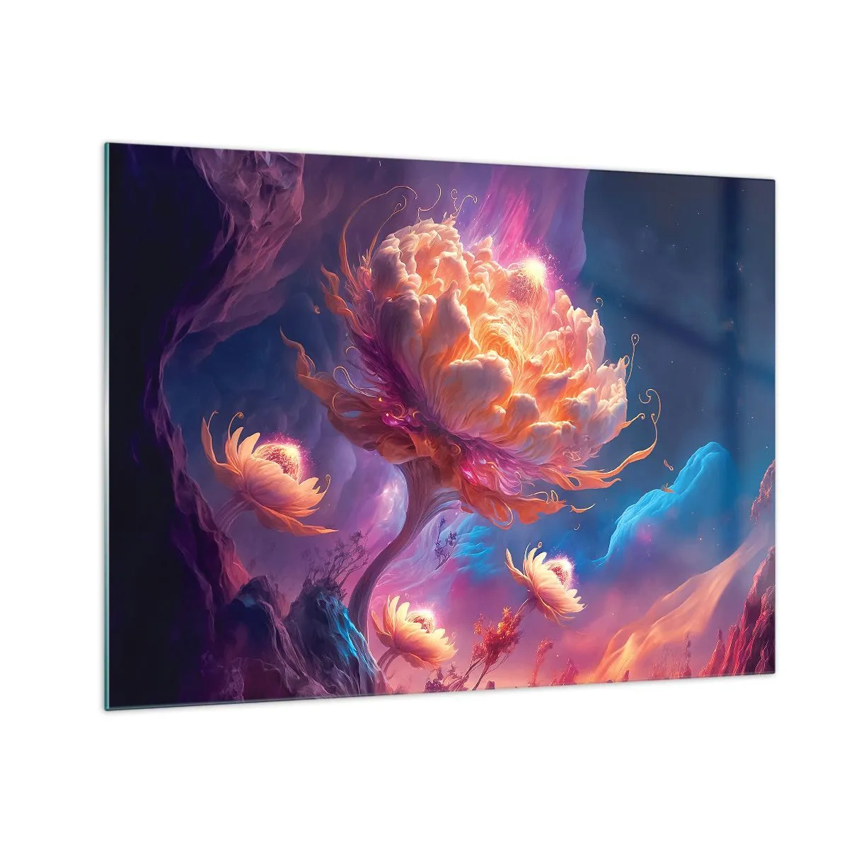 Üveg kép - Egy fantasztikus virág lebeg egy kozmikus környezetben - 70x50cm - Egy másik világ - Modern fali dekoráció nappalihoz és hálószobához ARTTOR