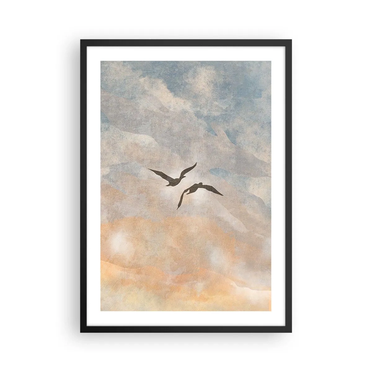 Poszter fehér keretben - Két madár repül az ég ellen, finom kék és narancssárga árnyalatokban. - 50x70cm - Égi tánc - Modern fali dekoráció nappalihoz és hálószobához ARTTOR