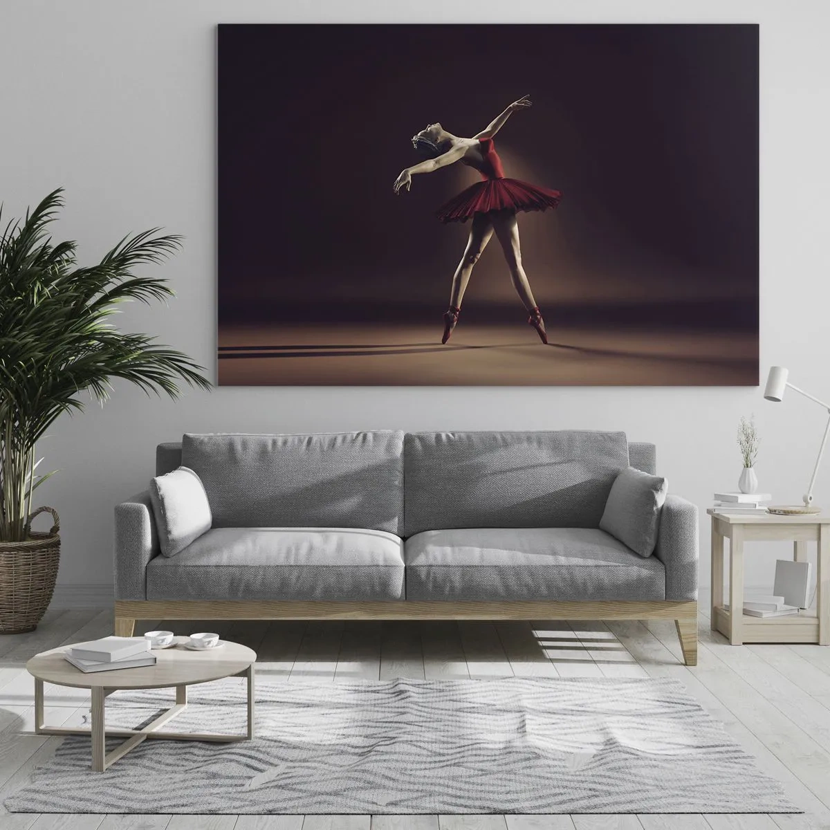 Üveg kép - Egy piros ruhás balerina dinamikus pózban - 70x50cm - Egy prima balerina - Modern fali dekoráció nappalihoz és hálószobához ARTTOR