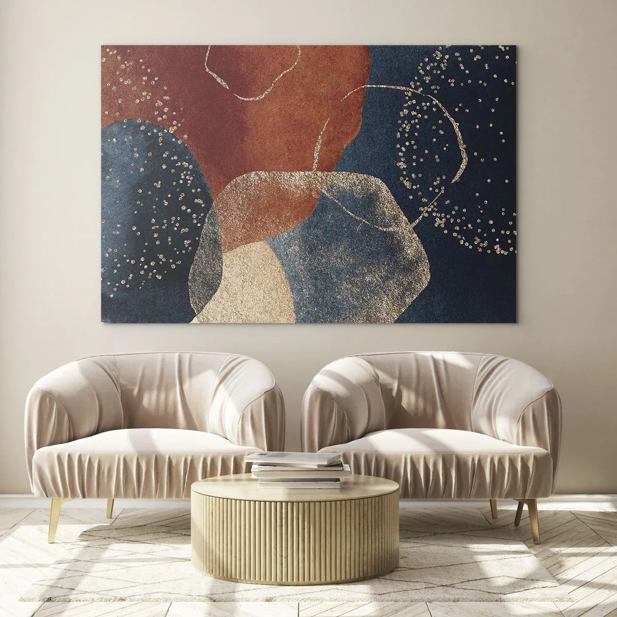 Üveg kép - Absztrakt formák sötétkék és réz árnyalatokban - 70x50cm - A lét könnyedsége - Modern fali dekoráció nappalihoz és hálószobához ARTTOR