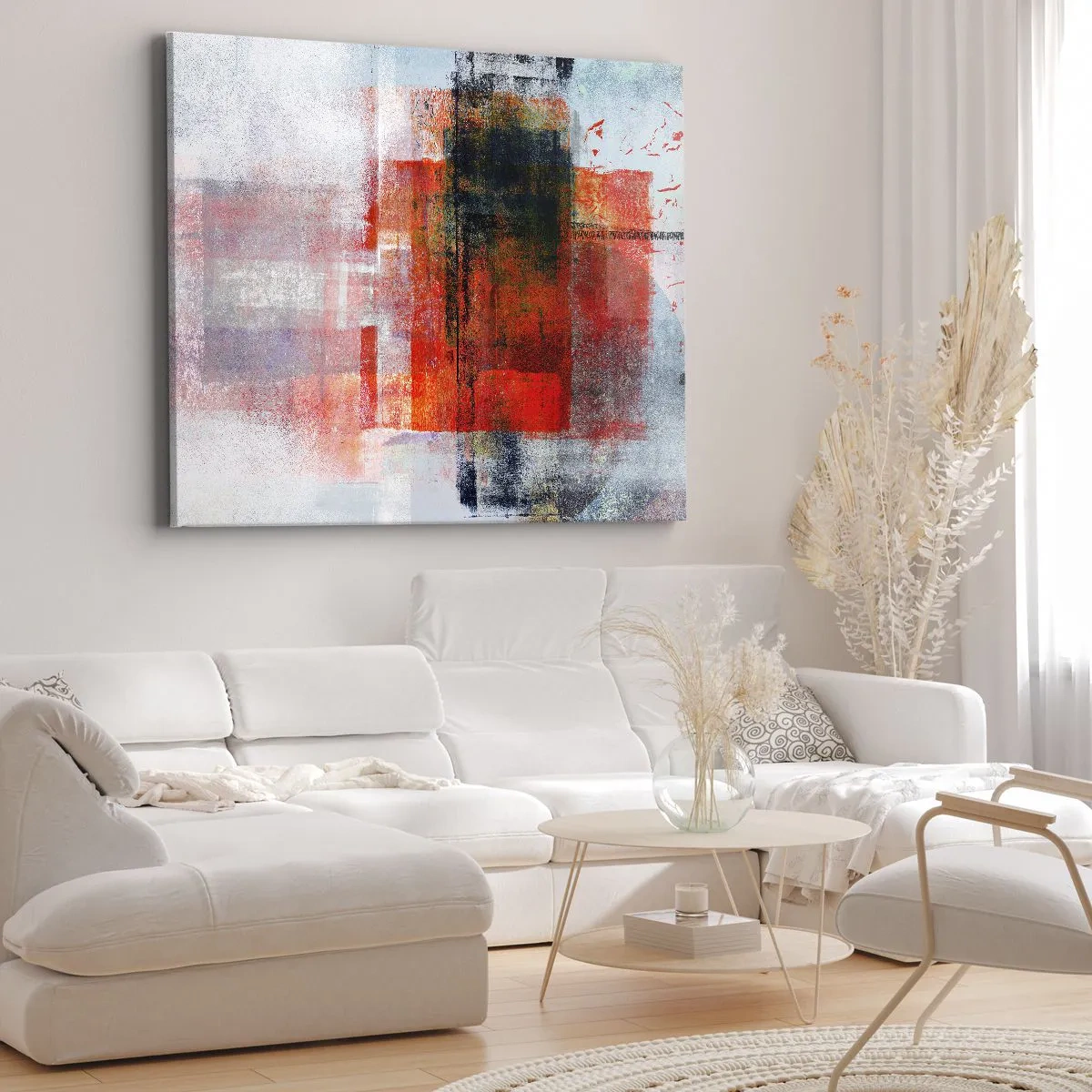 Vászonkép - Absztrakt geometrikus kompozíció piros és narancssárga díszítéssel - 70x50cm - Izzó kompozíció - Modern fali dekoráció nappalihoz és hálószobához ARTTOR