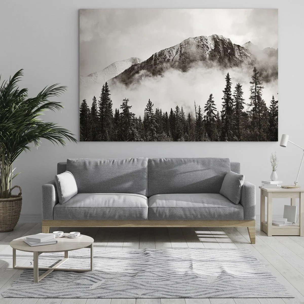 Üveg kép - Hegyi táj erdővel és szépia árnyalatú köddel - 70x50cm - Gránit uralkodó - Modern fali dekoráció nappalihoz és hálószobához ARTTOR