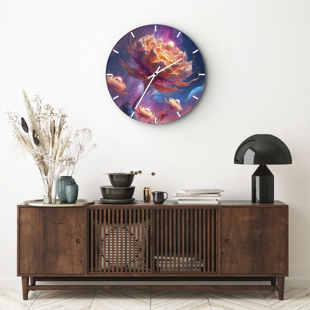Falióra, Óra - Egy fantasztikus virág, amely kozmikus tájban világít meg - 30x30cm - Egy másik világ - Modern fali dekoráció nappalihoz, konyhához és hálószobához ARTTOR
