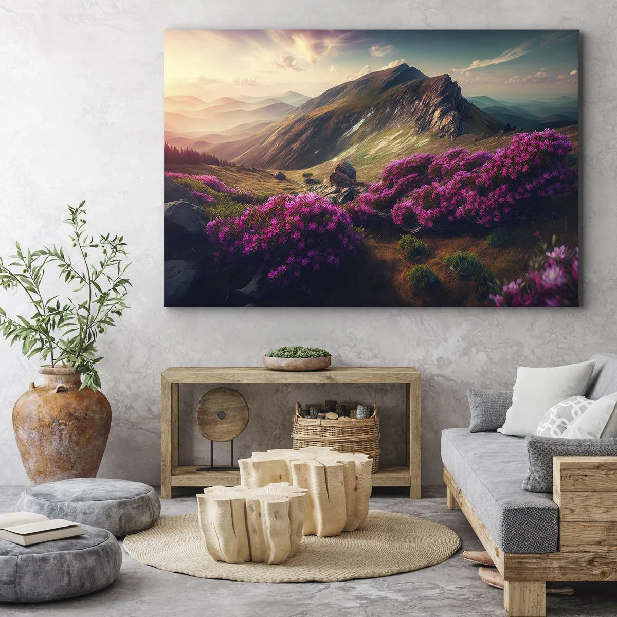 Vászonkép - Hegyi táj virágzó rododendronokkal - 70x50cm - Nyár a hegyekben - Modern fali dekoráció nappalihoz és hálószobához ARTTOR