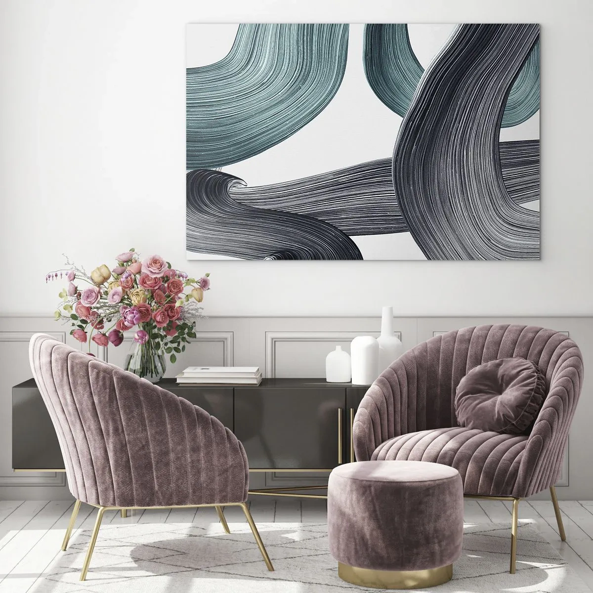 Üveg kép - Dinamikus csíkok smaragdzöld és fekete árnyalatokban fehér alapon - 70x50cm - Smaragdzöld és fekete nyomok - Modern fali dekoráció nappalihoz és hálószobához ARTTOR