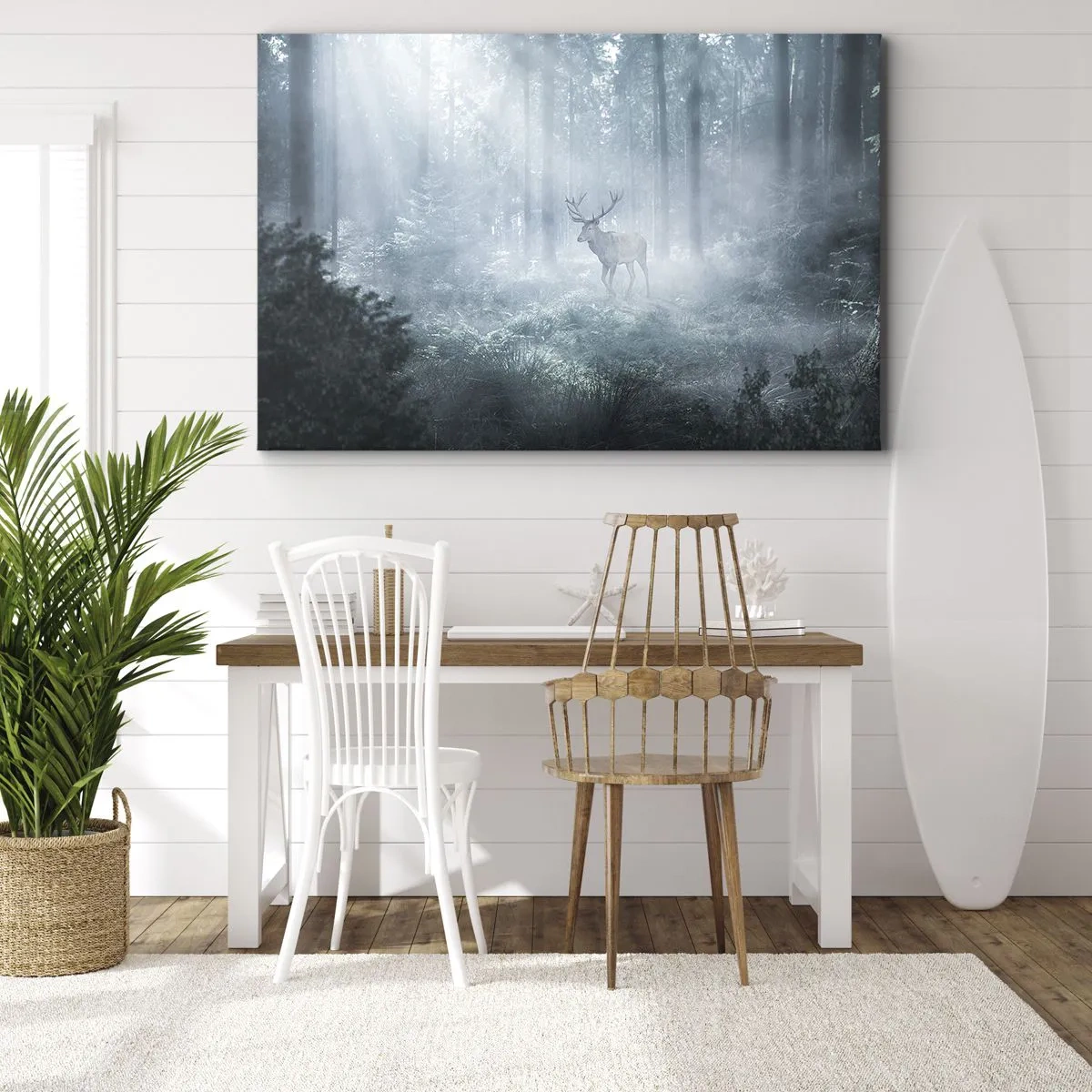Vászonkép - Egy szarvas egy sűrű erdőben, reggeli ködbe burkolózva - 70x50cm - Reggeli birtokellenőrzés - Modern fali dekoráció nappalihoz és hálószobához ARTTOR