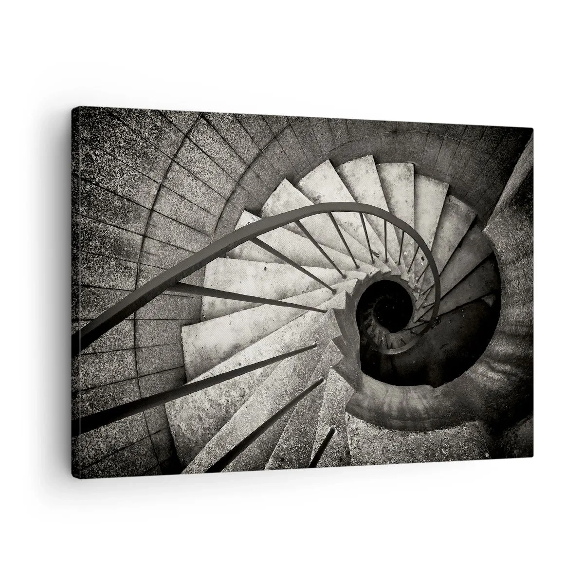 Vászonkép - Fekete-fehér csigalépcső modern stílusban - 70x50cm - Lépcsőn fel, lépcsőn le - Modern fali dekoráció nappalihoz és hálószobához ARTTOR