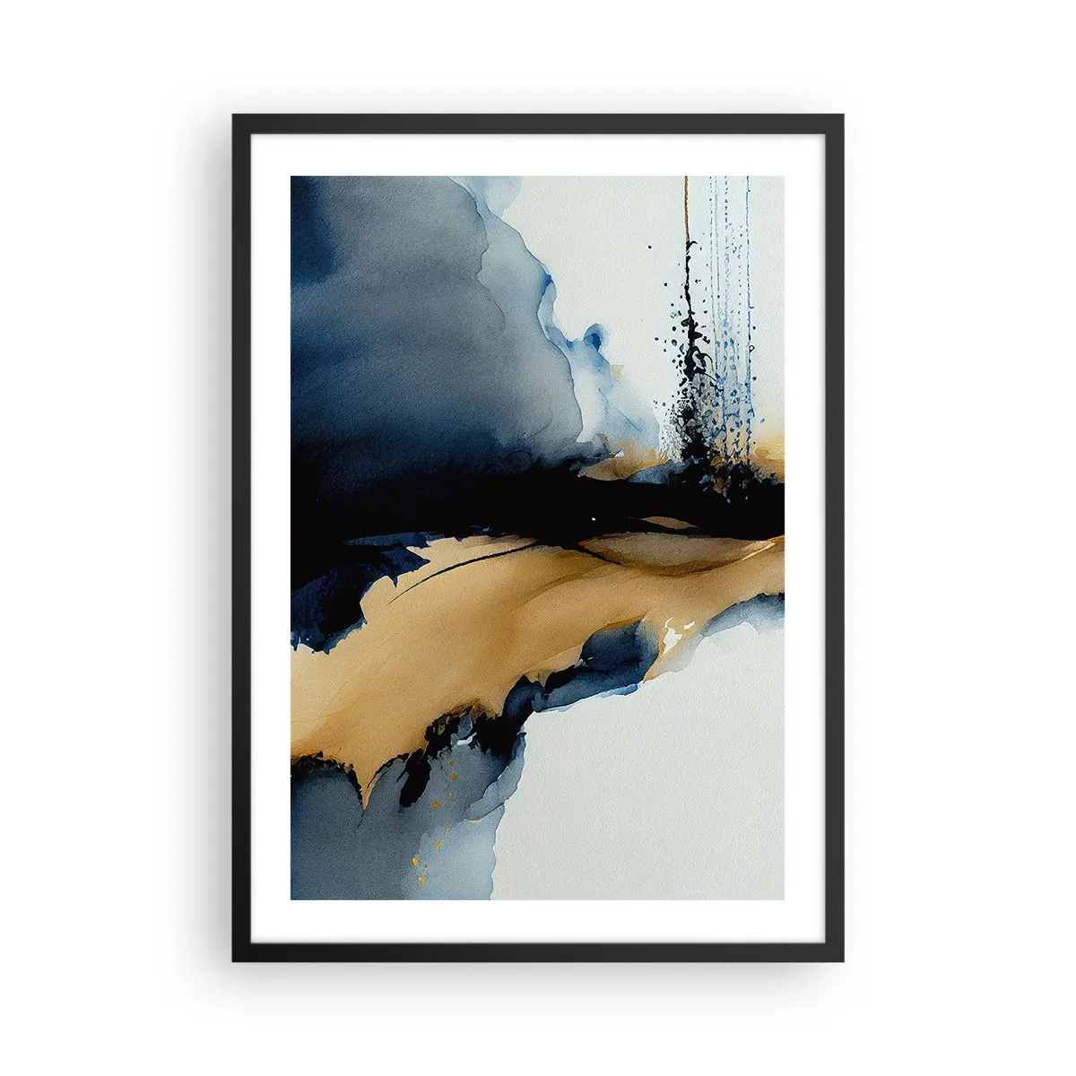 Poszter fehér keretben - Egy absztrakt kompozíció sötétkék és arany árnyalatokban - 50x70cm - A fátyol mögött - Modern fali dekoráció nappalihoz és hálószobához ARTTOR