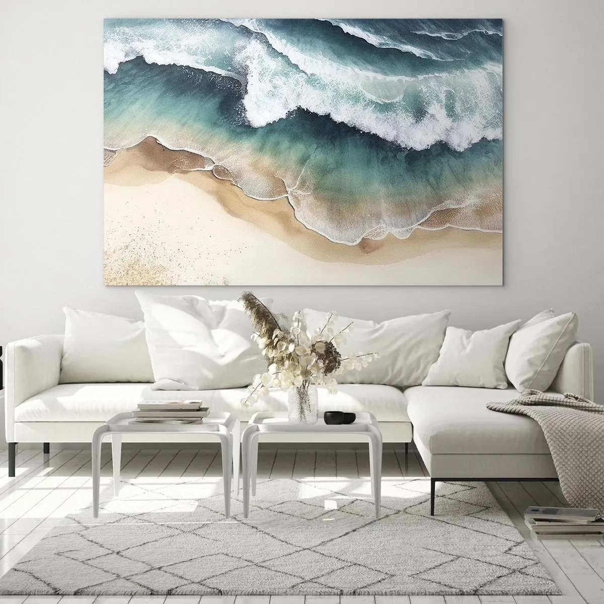 Üveg kép - Óceánhullámok csapódnak az aranyló homokos tengerpartra - 70x50cm - Egy örök találkozás - Modern fali dekoráció nappalihoz és hálószobához ARTTOR