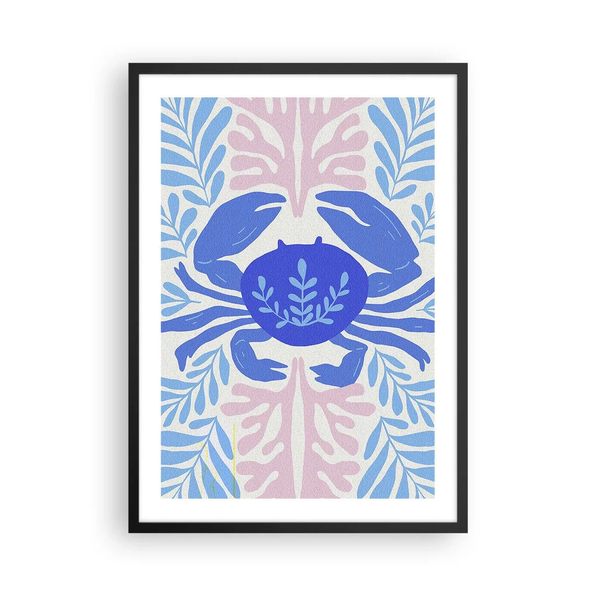 Poszter fehér keretben - Egy dekoratív kék rák, tengeri növényekkel körülvéve. - 50x70cm - Mint egy tengeri virág - Modern fali dekoráció nappalihoz és hálószobához ARTTOR