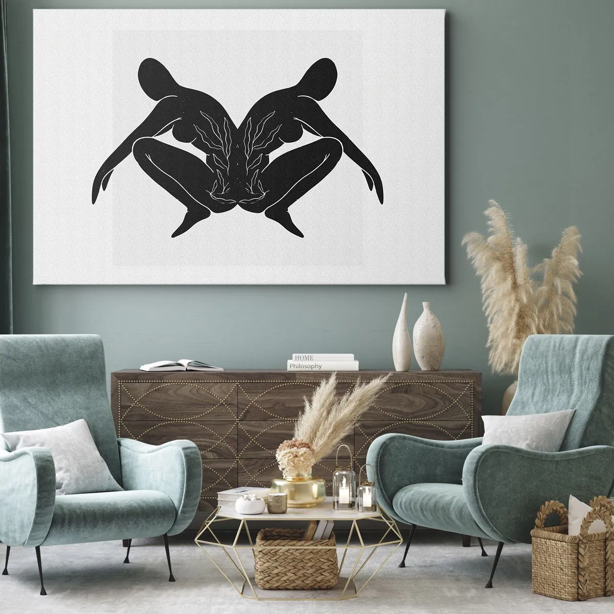 Vászonkép - Fekete sziluettek szimmetrikus helyzetben fehér alapon - 70x50cm - Egy közös lélek - Modern fali dekoráció nappalihoz és hálószobához ARTTOR