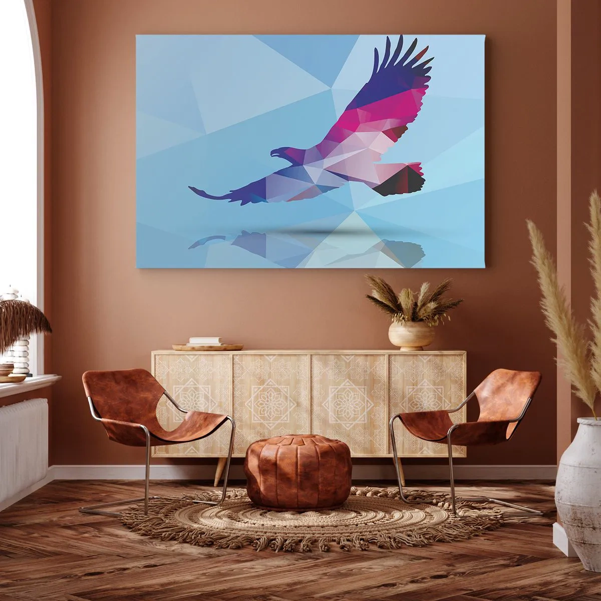 Vászonkép - Geometrikus sziluettje egy sasnak repülés közben kék háttérrel - 70x50cm - Sas lila kristályban - Modern fali dekoráció nappalihoz és hálószobához ARTTOR