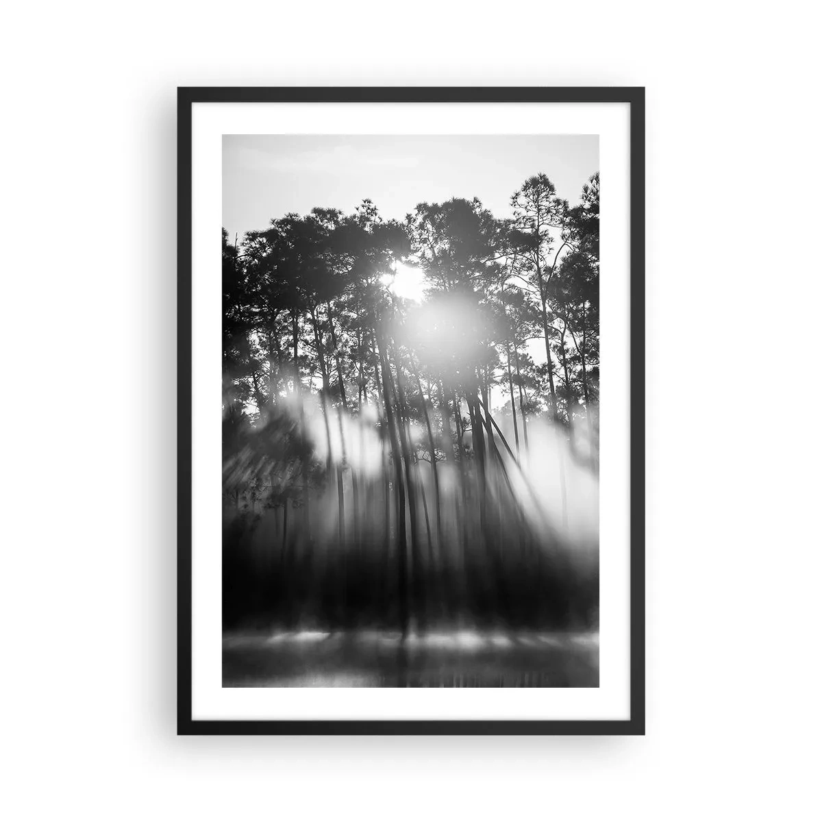 Poszter fehér keretben - Fekete-fehér erdei jelenet napsugarakkal a ködben - 50x70cm - Megállíthatatlan nap - Modern fali dekoráció nappalihoz és hálószobához ARTTOR