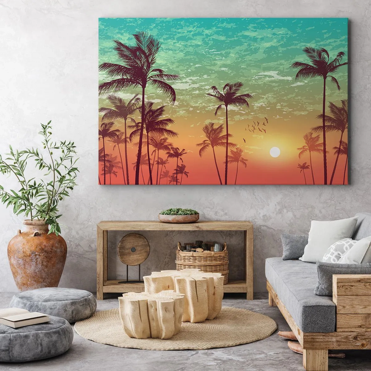 Vászonkép - Naplemente pálmafákkal a színes égbolton - 70x50cm - Trópusi hangulat - Modern fali dekoráció nappalihoz és hálószobához ARTTOR