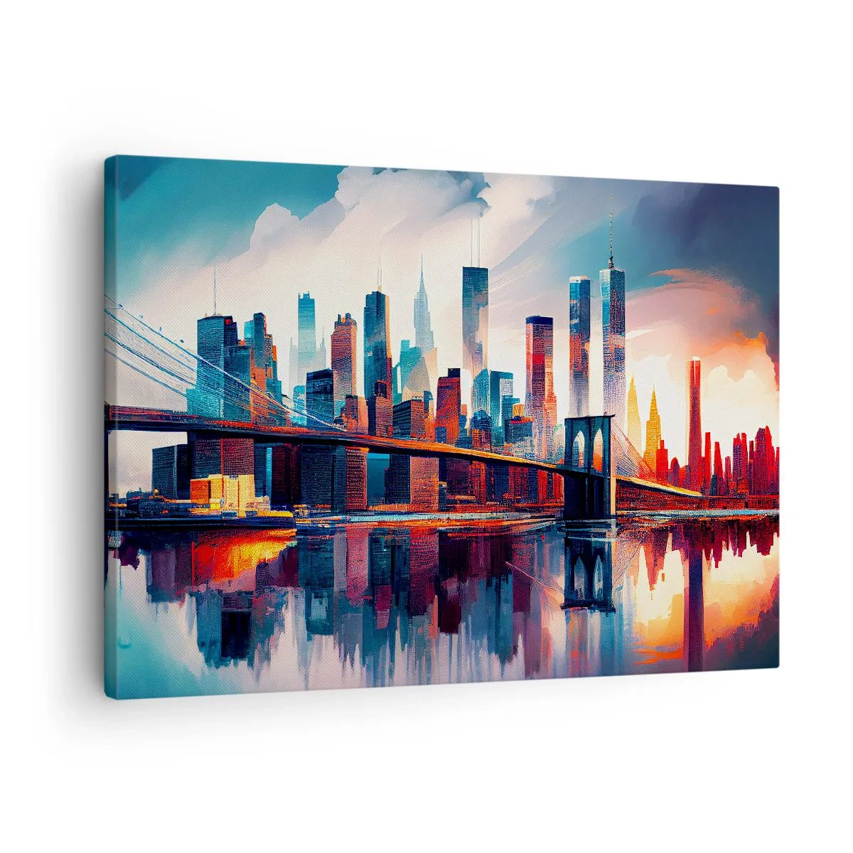 Vászonkép - New York-i panoráma híddal és tükröződéssel a vízben - 70x50cm - Fenomenális New York - Modern fali dekoráció nappalihoz és hálószobához ARTTOR