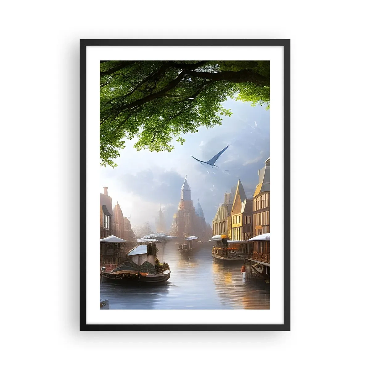 Poszter fehér keretben - Festői kilátás a csatornára történelmi építészettel - 50x70cm - Holland városkép - Modern fali dekoráció nappalihoz és hálószobához ARTTOR