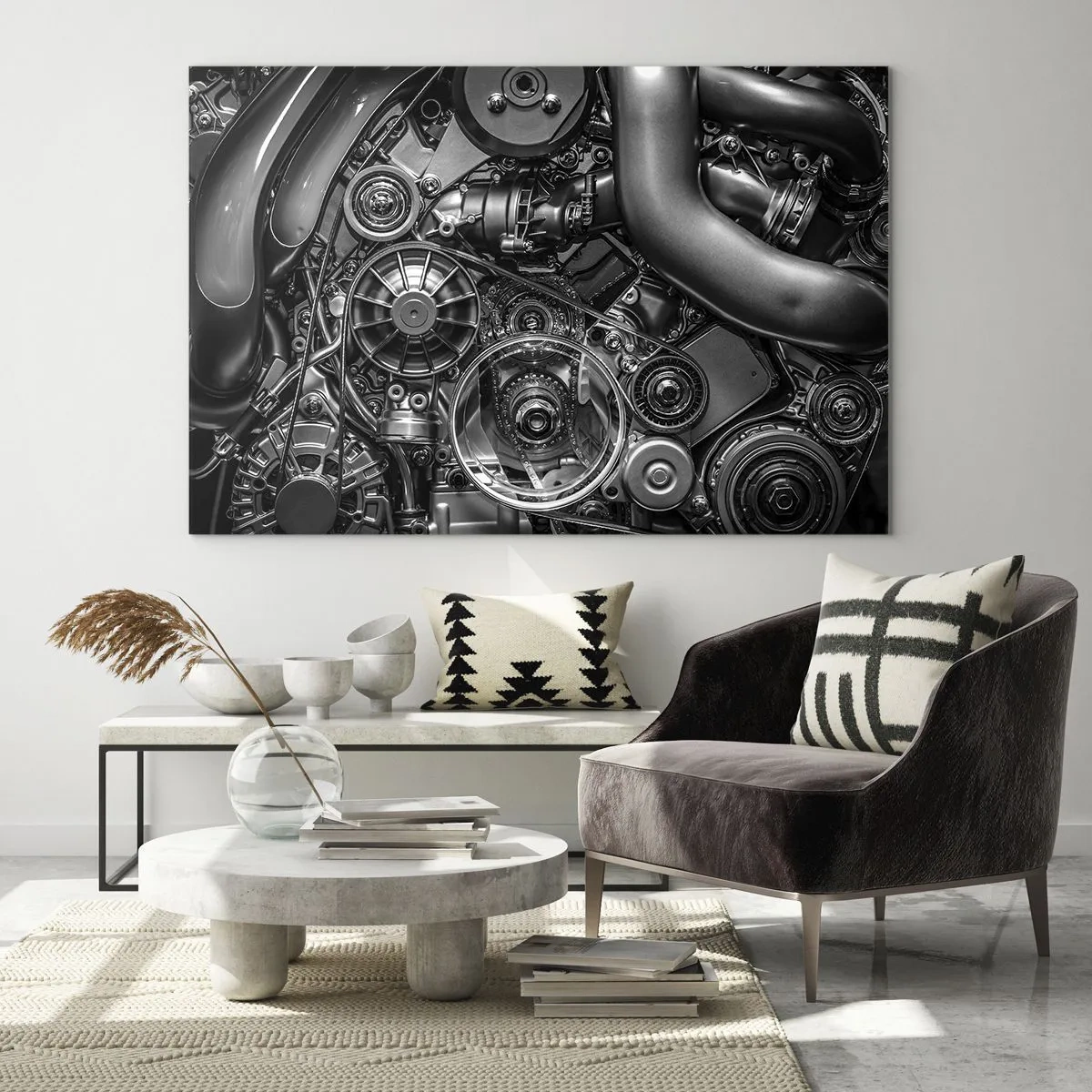 Üveg kép - Egy fekete-fehér motor részlete látható mechanizmusokkal - 70x50cm - A mechanika költészete - Modern fali dekoráció nappalihoz és hálószobához ARTTOR