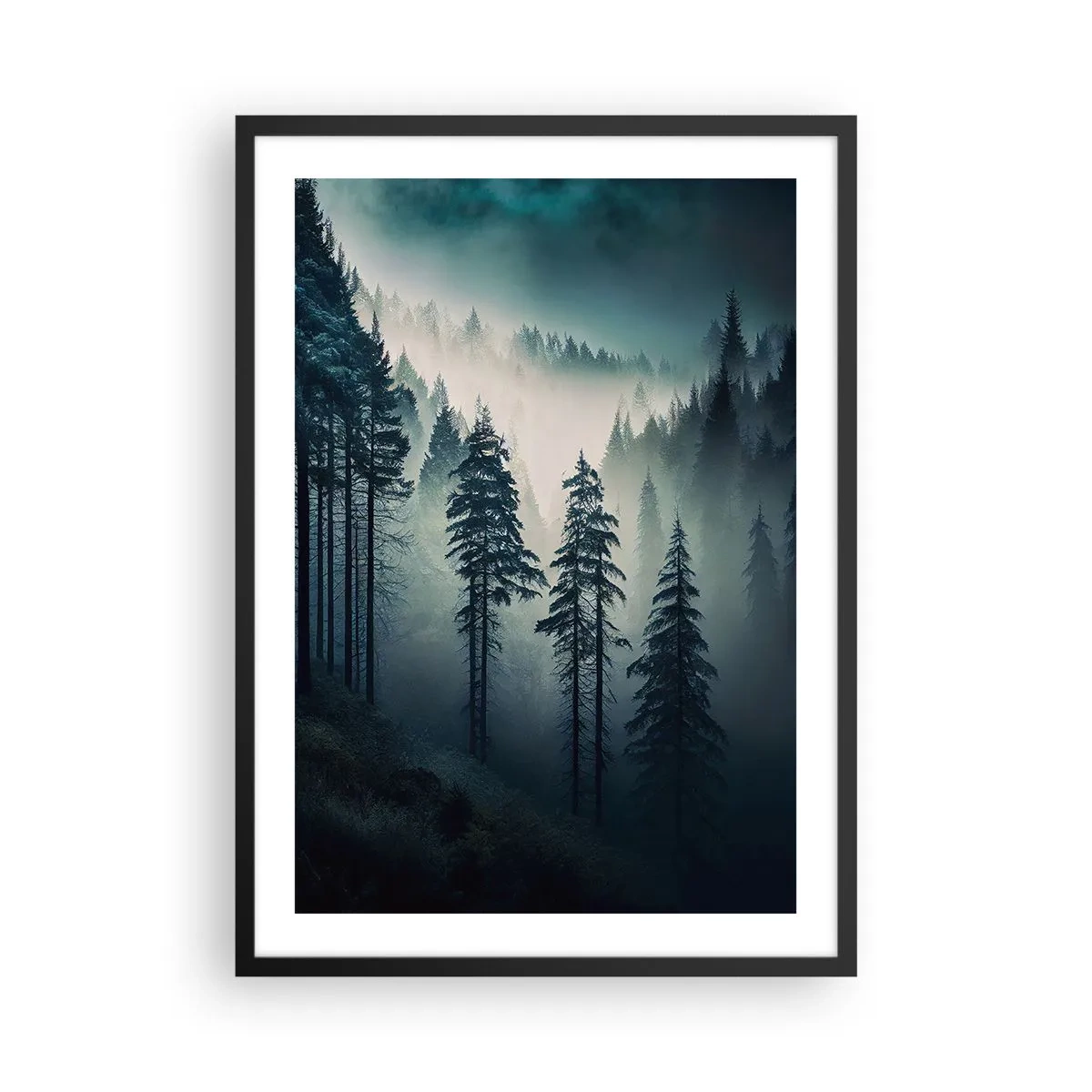 Poszter fehér keretben - Sötét erdő, ködbe burkolózik - 50x70cm - Hegyi reggel - Modern fali dekoráció nappalihoz és hálószobához ARTTOR