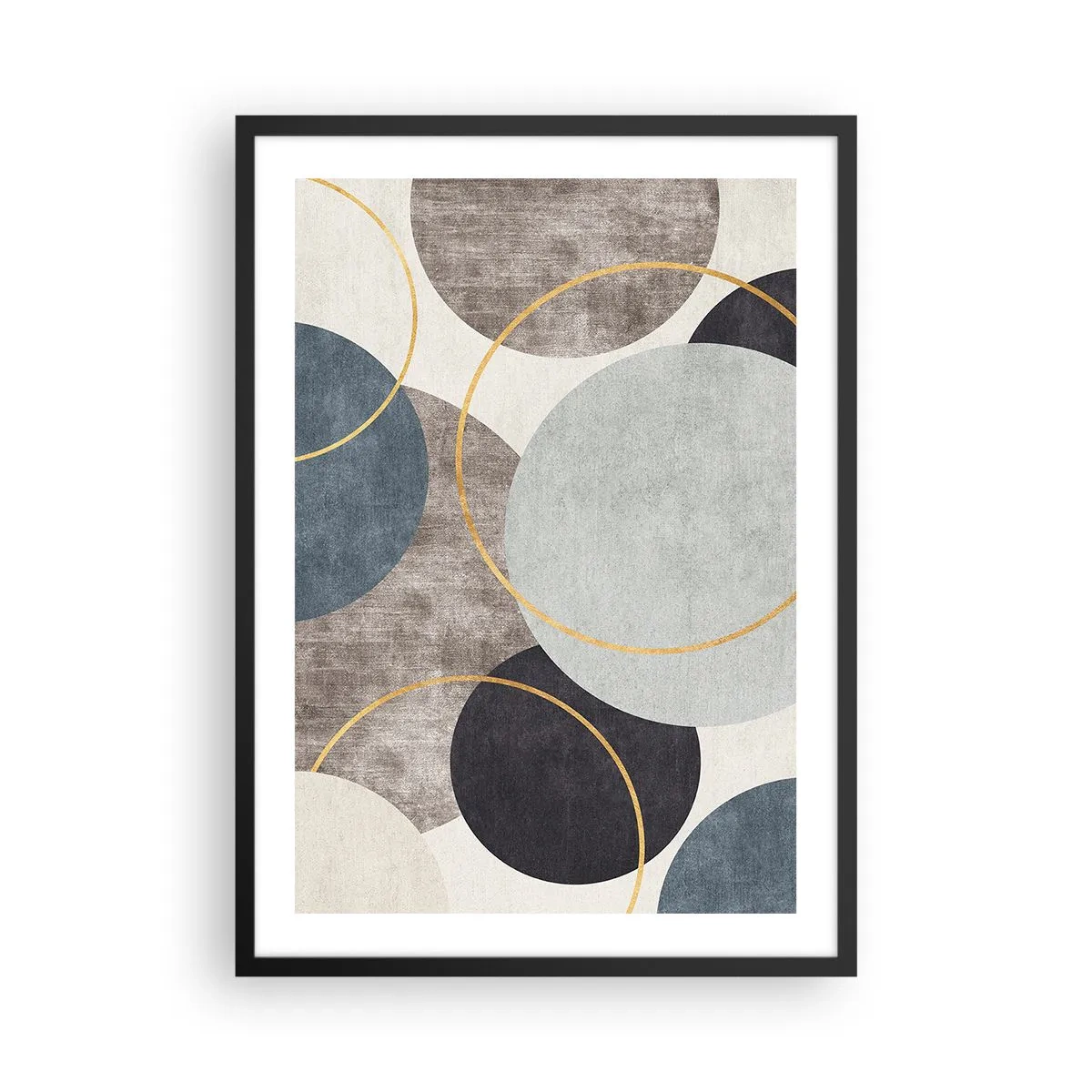 Poszter fehér keretben - Absztrakt geometrikus kompozíció kék árnyalatú körökkel. - 50x70cm - Kerékről kerékre - Modern fali dekoráció nappalihoz és hálószobához ARTTOR