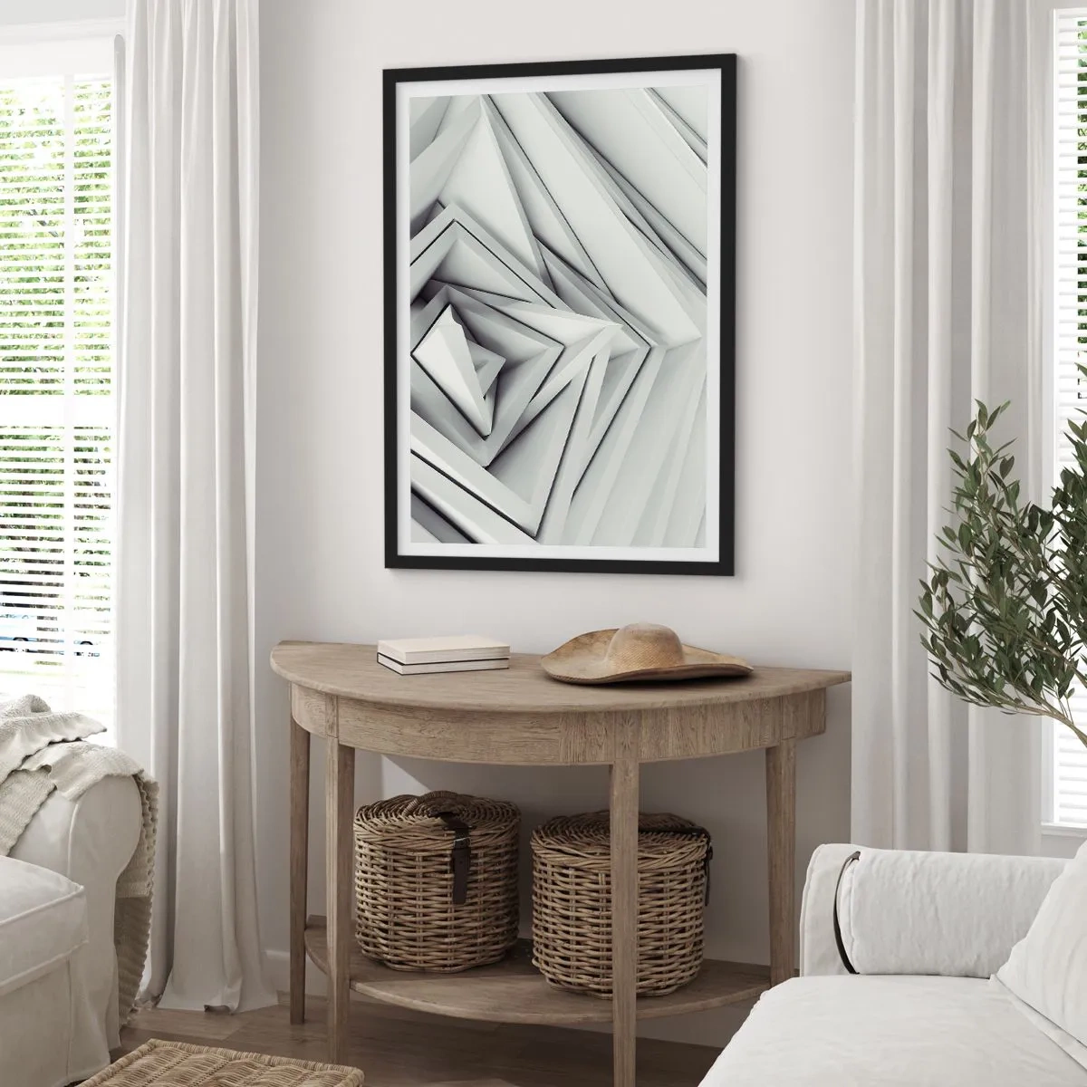 Poszter fehér keretben - Geometriai háromszögek absztrakt kompozíciója 3D-ben - 50x70cm - Éles szögek bimbóznak - Modern fali dekoráció nappalihoz és hálószobához ARTTOR