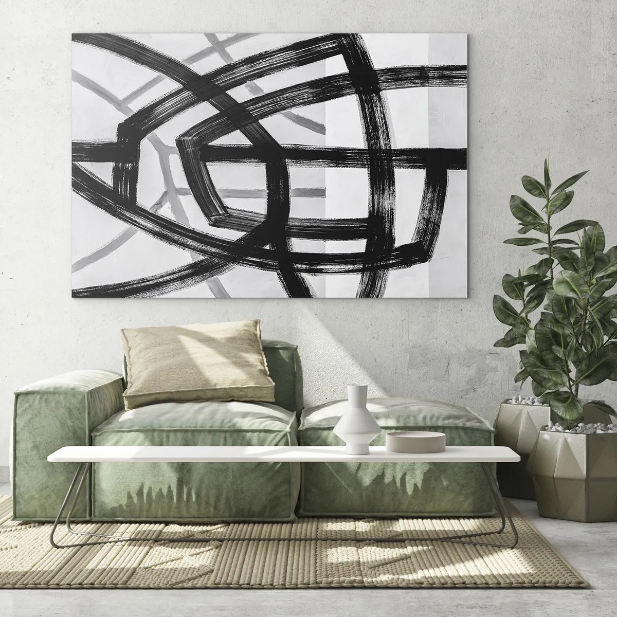 Üveg kép - A fekete és szürke ecsetvonások dinamikus vonalhálózatot hoznak létre. - 70x50cm - Mélység építése - Modern fali dekoráció nappalihoz és hálószobához ARTTOR