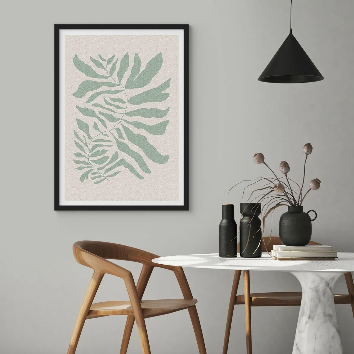 Poszter fehér keretben - Minimalista növényi illusztráció zöld árnyalatokban - 50x70cm - Smaragdzöld ág - Modern fali dekoráció nappalihoz és hálószobához ARTTOR