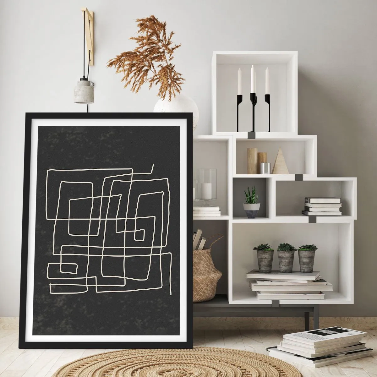 Poszter fehér keretben - Geometrikus absztrakció fekete háttéren - 50x70cm - Nem olyan egyszerű - Modern fali dekoráció nappalihoz és hálószobához ARTTOR