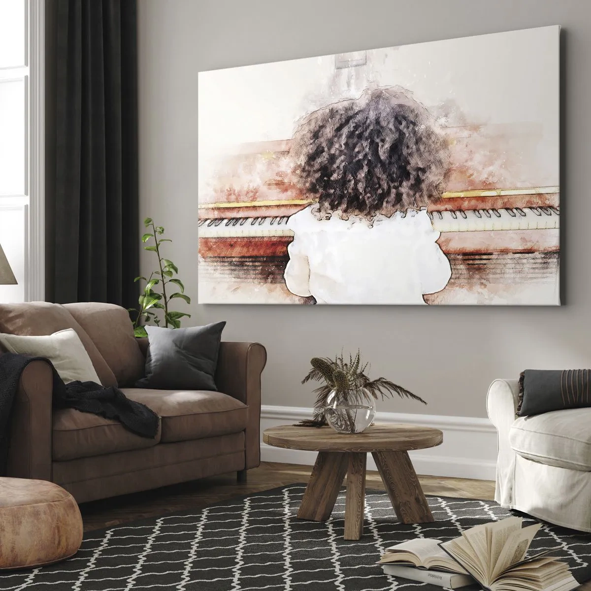 Vászonkép - Egy bozontos hajú lány a zongoránál - 70x50cm - Az új világban - Modern fali dekoráció nappalihoz és hálószobához ARTTOR
