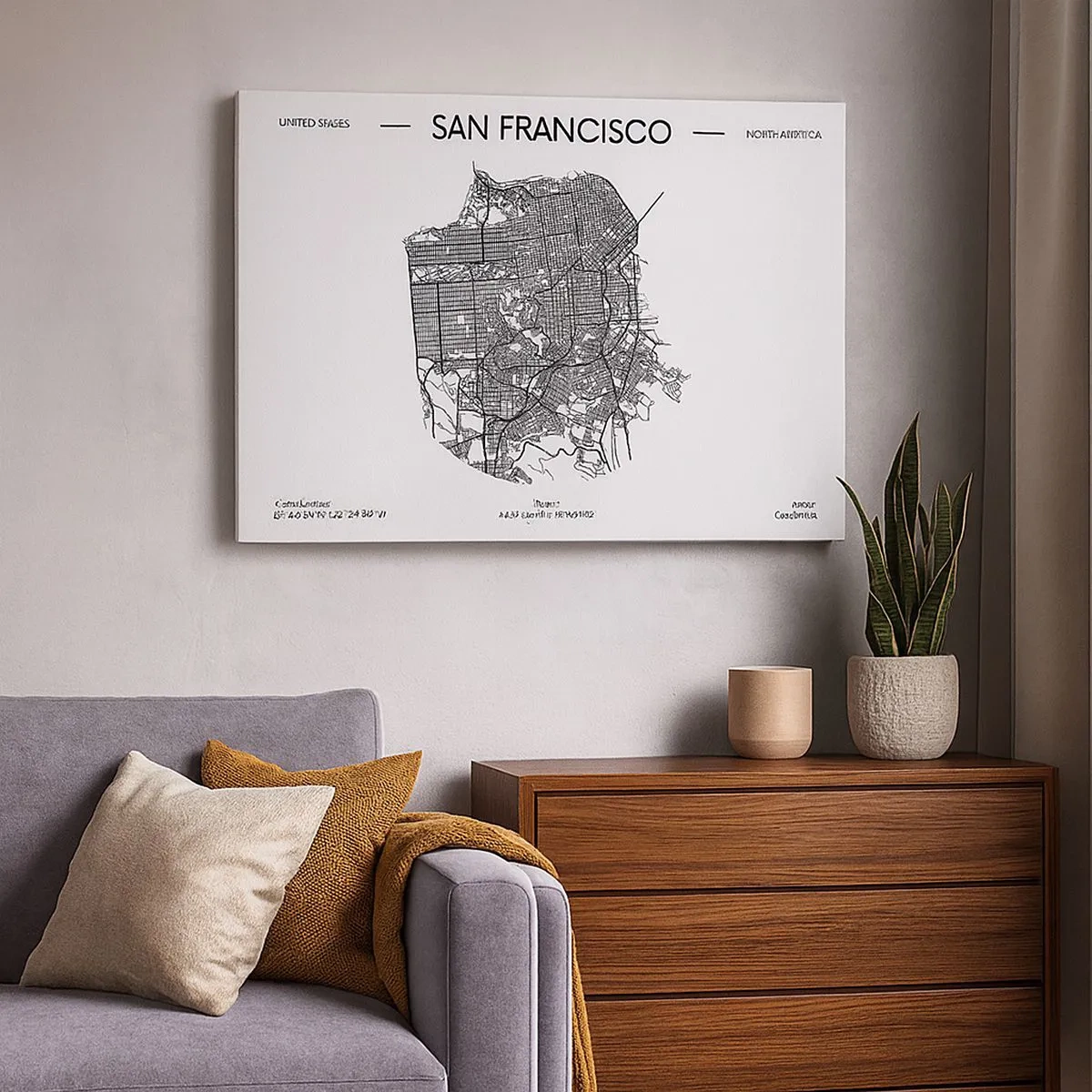 Vászonkép - San Francisco térképe fekete-fehér minimalista stílusban. - 70x50cm - San Francisco anatómiája - Modern fali dekoráció nappalihoz és hálószobához ARTTOR