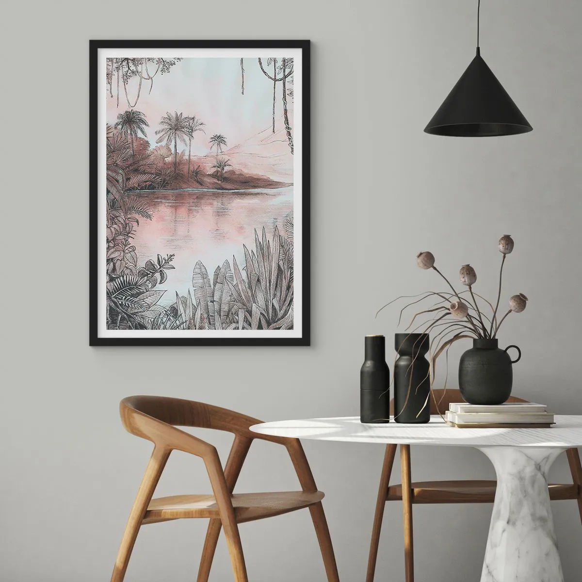 Poszter fehér keretben - Egzotikus táj a vízparton - 50x70cm - Egy 19. századi felfedező naplója - Modern fali dekoráció nappalihoz és hálószobához ARTTOR
