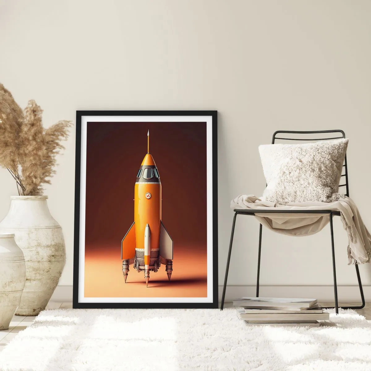 Poszter fehér keretben - Egy modern űrrakéta meleg színekkel tarkított háttér előtt. - 50x70cm - Egy álommal kezdődik - Modern fali dekoráció nappalihoz és hálószobához ARTTOR
