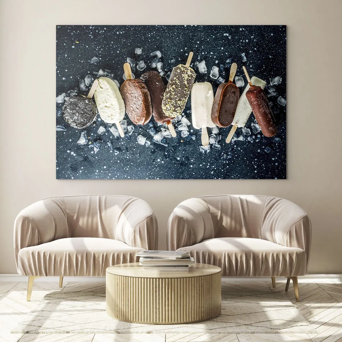 Üveg kép - Különböző ízű jégkrémek jégkockákon elrendezve - 70x50cm - A forró nyár íze - Modern fali dekoráció nappalihoz és hálószobához ARTTOR