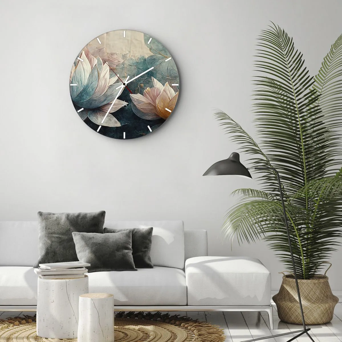 Falióra, Óra - Lótuszvirágok a tó zöldeskék felszínének hátterében - 30x30cm - Tavi csillagok - Modern fali dekoráció nappalihoz, konyhához és hálószobához ARTTOR