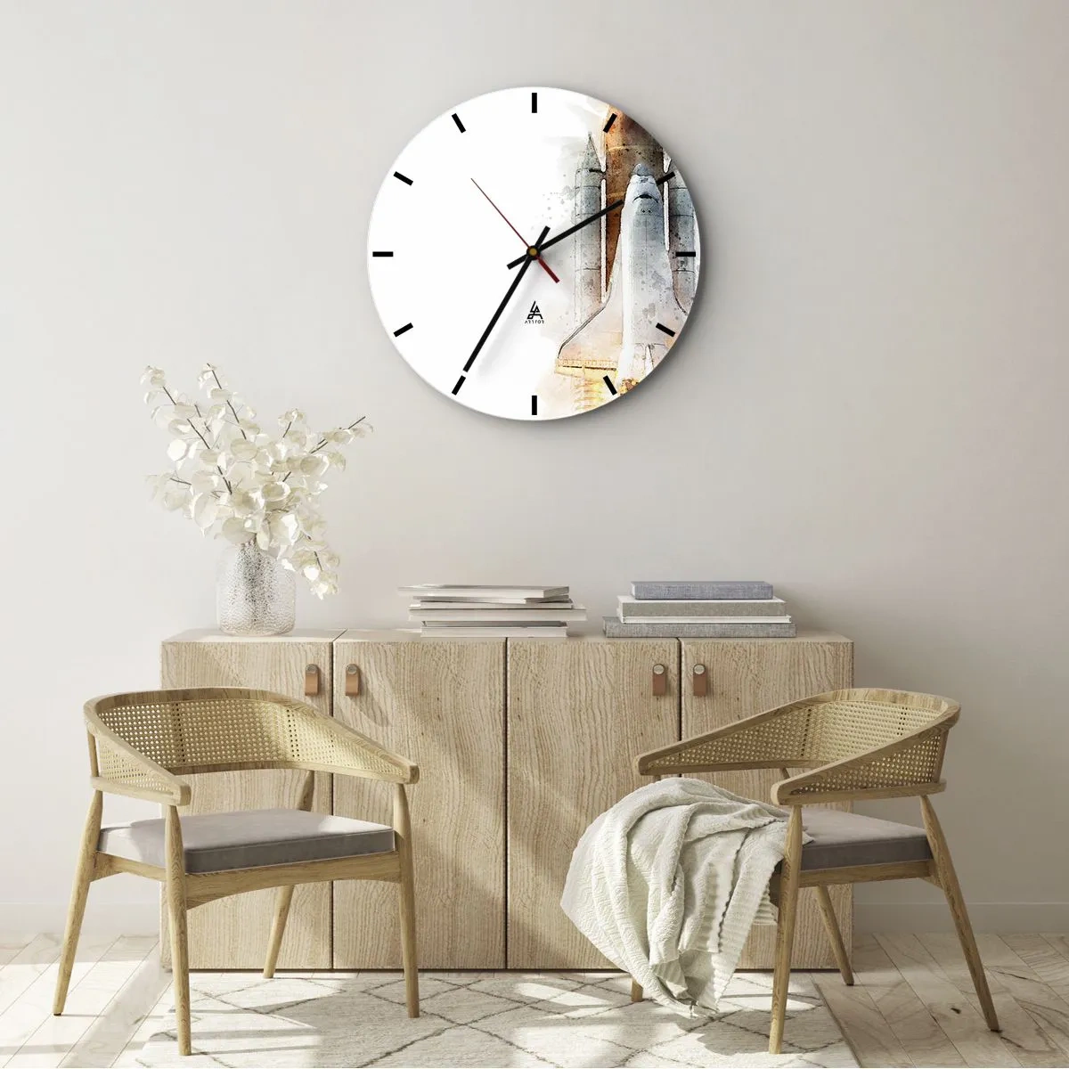 Falióra, Óra - Akvarell stílusú rakétaindítás fehér alapon - 30x30cm - Felfedezők az elején - Modern fali dekoráció nappalihoz, konyhához és hálószobához ARTTOR