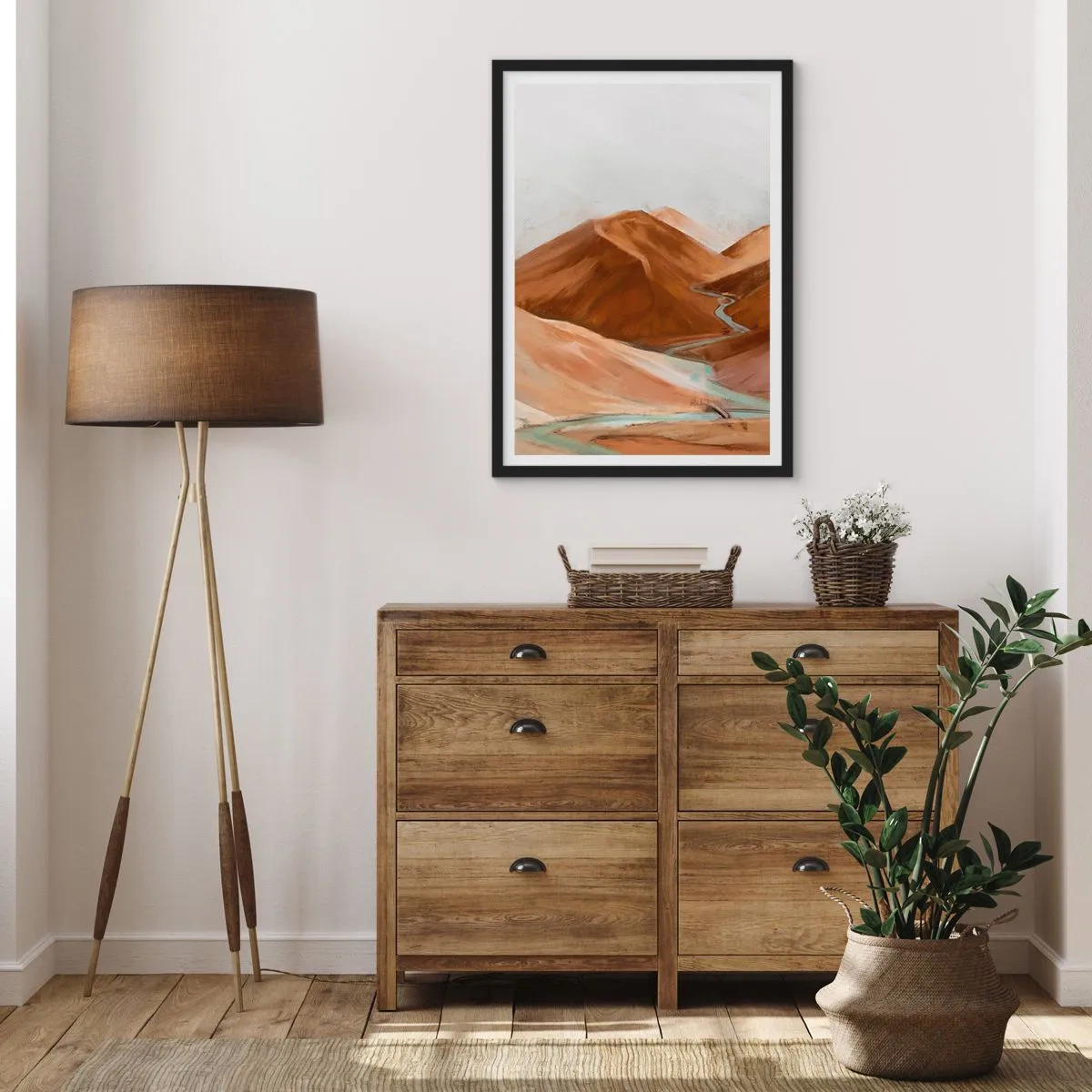 Poszter fehér keretben - Egy folyó folyik át barna hegyeken, stilizált tájkép - 50x70cm - A forráshoz - Modern fali dekoráció nappalihoz és hálószobához ARTTOR