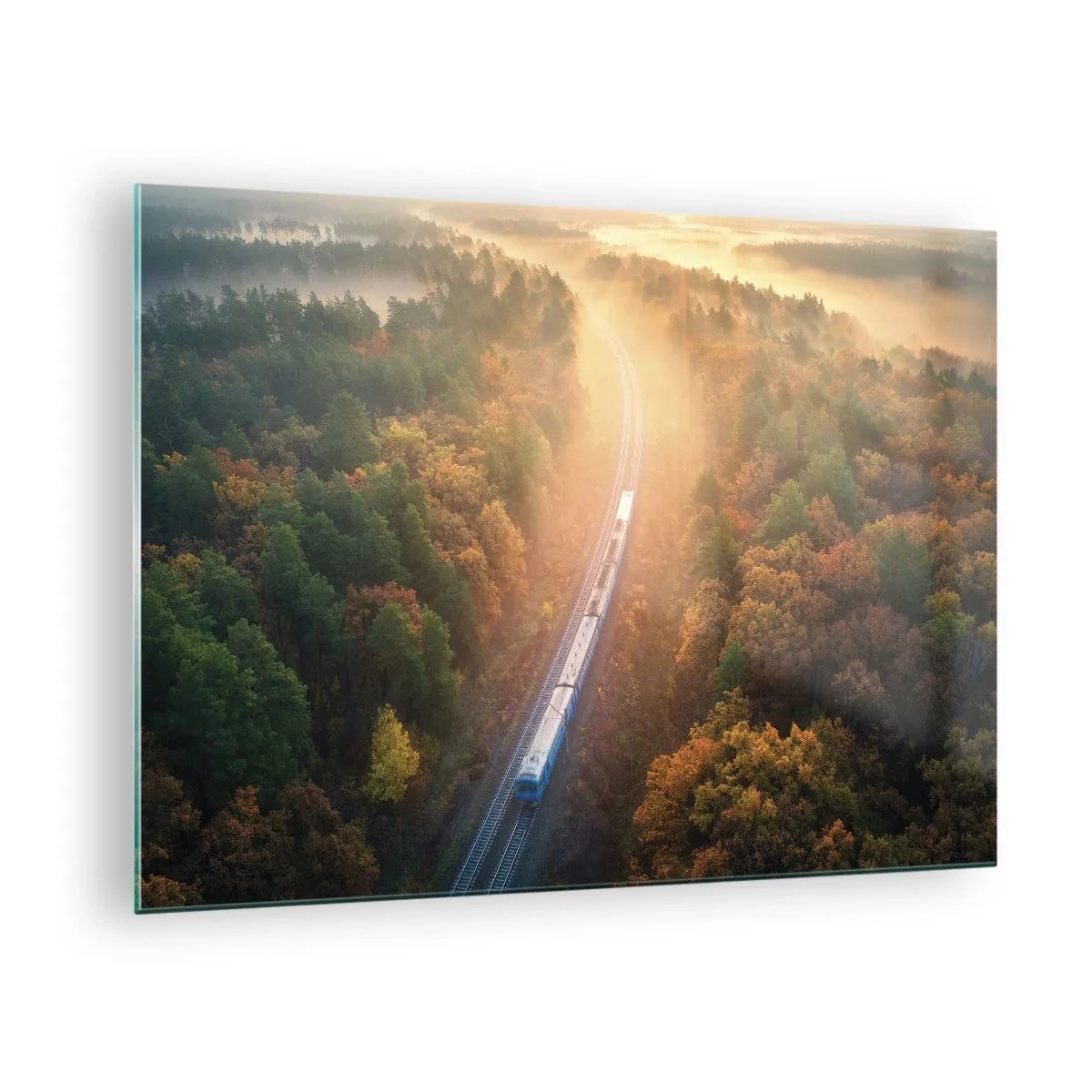 Üveg kép - Egy vonat festői őszi tájban, tele melegséggel és nosztalgiával - 70x50cm - Őszi utazás - Modern fali dekoráció nappalihoz és hálószobához ARTTOR