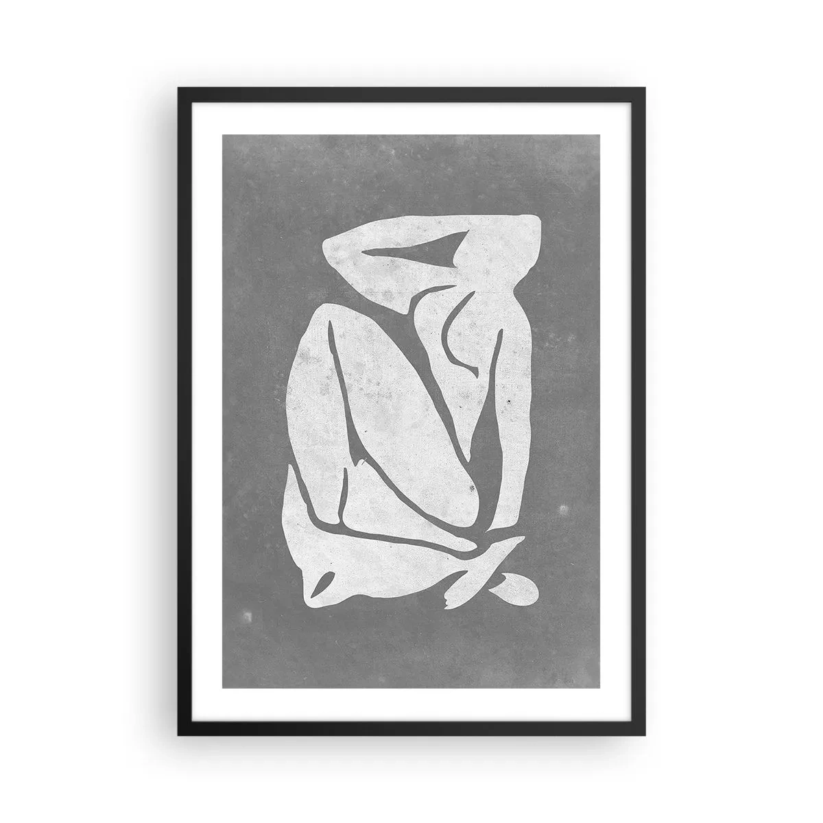 Poszter fehér keretben - Egy minimalista nő sziluettje szürke árnyalatokban - 50x70cm - Álmélkodásban - Modern fali dekoráció nappalihoz és hálószobához ARTTOR