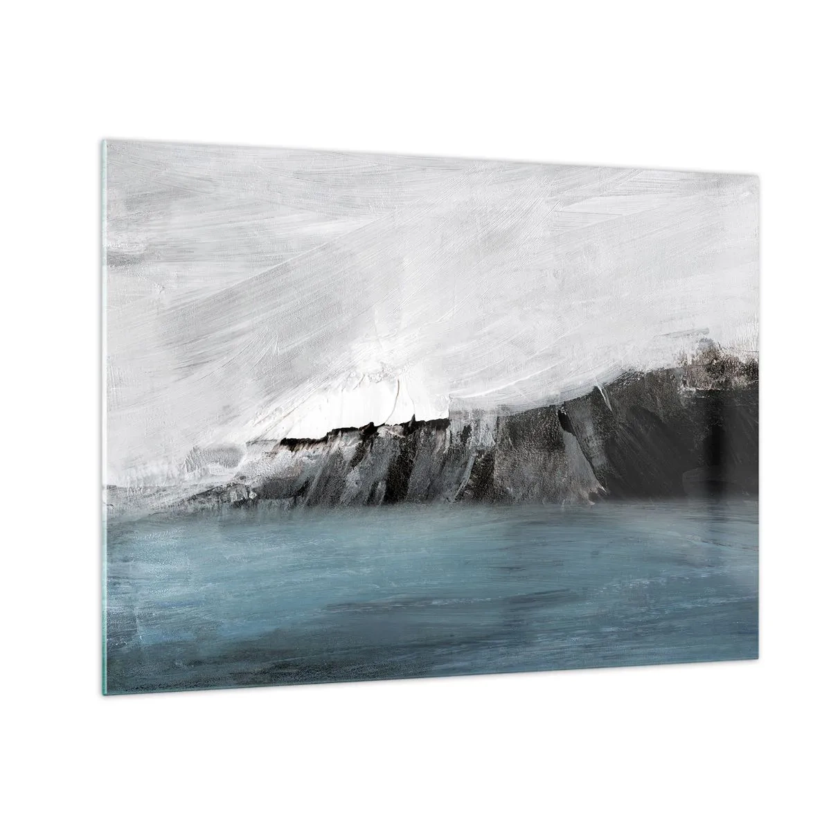 Üveg kép - Absztrakt kompozíció kék, fehér és fekete árnyalatokban - 70x50cm - Víz - föld: az elemek összecsapása - Modern fali dekoráció nappalihoz és hálószobához ARTTOR