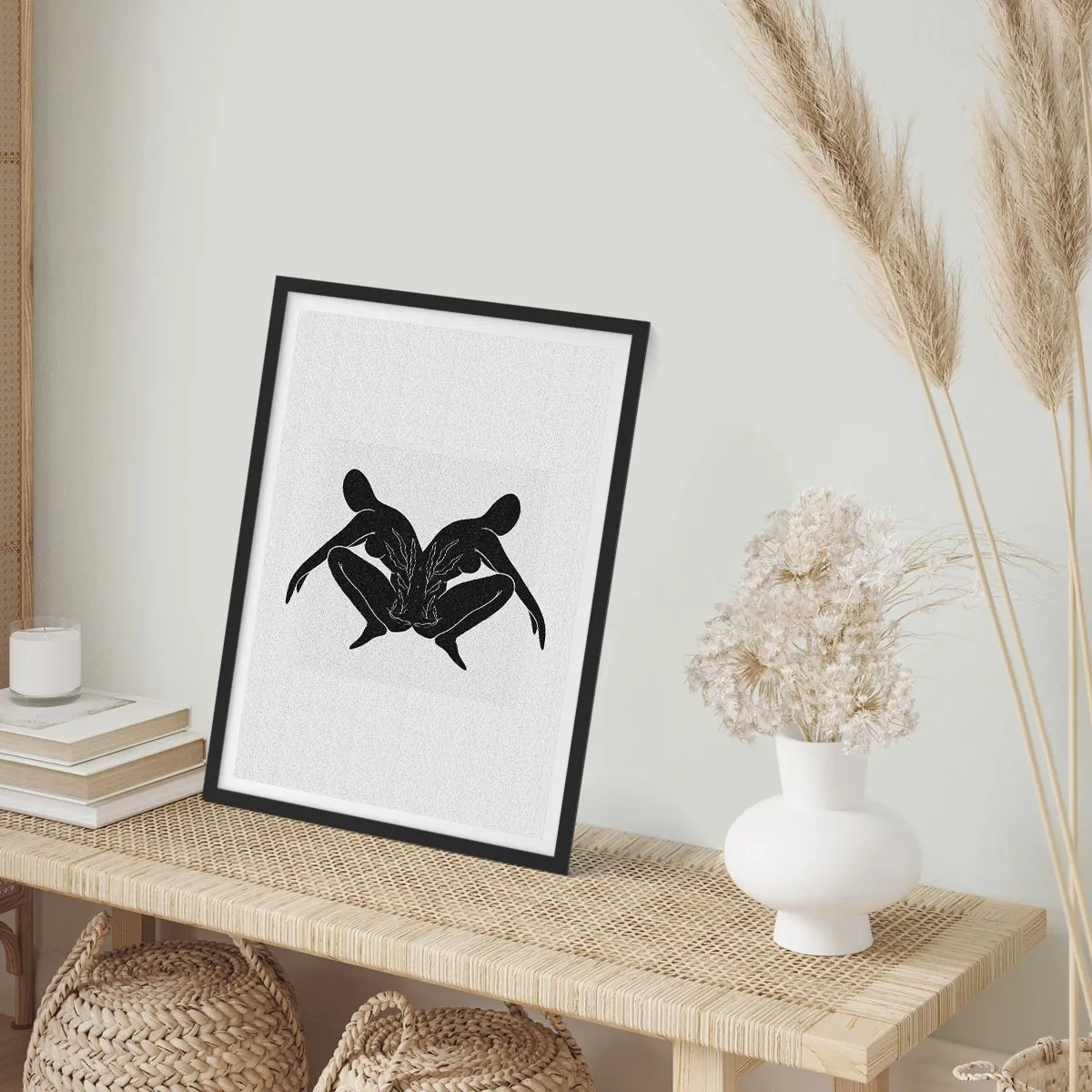 Poszter fehér keretben - Fekete alakok sziluettjei szimmetrikus kompozícióban - 50x70cm - Egy közös lélek - Modern fali dekoráció nappalihoz és hálószobához ARTTOR