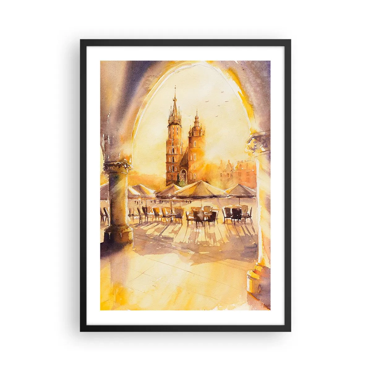 Poszter fehér keretben - Egy akvarell, amely a krakkói piacteret ábrázolja naplementekor. - 50x70cm - Napkelte a krakkói piactér felett - Modern fali dekoráció nappalihoz és hálószobához ARTTOR