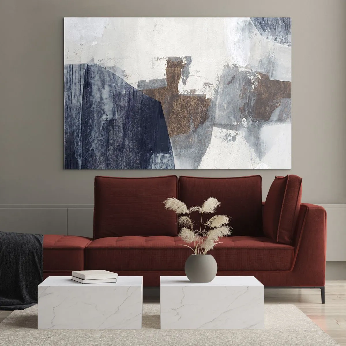 Üveg kép - Geometriai formák kékben, barnában és fehérben - 70x50cm - Kékes barna formák - Modern fali dekoráció nappalihoz és hálószobához ARTTOR